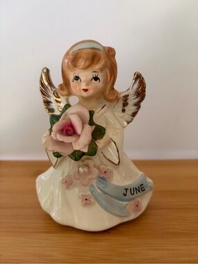 Vintage Lefton June Birthday Angel Hand-Painted Figurine White Pink Japan made